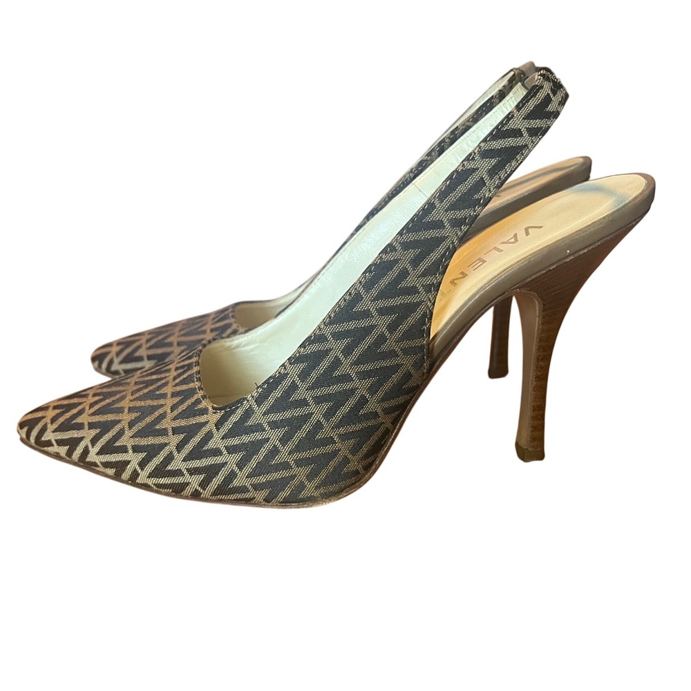 Mario Valentino Monogram Slingback Pumps Brown Tan Pointed Toe Heels Size 36.5